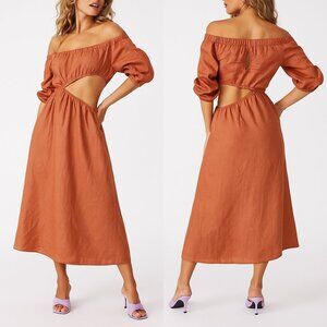 Sovere Studio Entice Reversible Midi Dress Bronze XS NWT Linen Cut‑Out